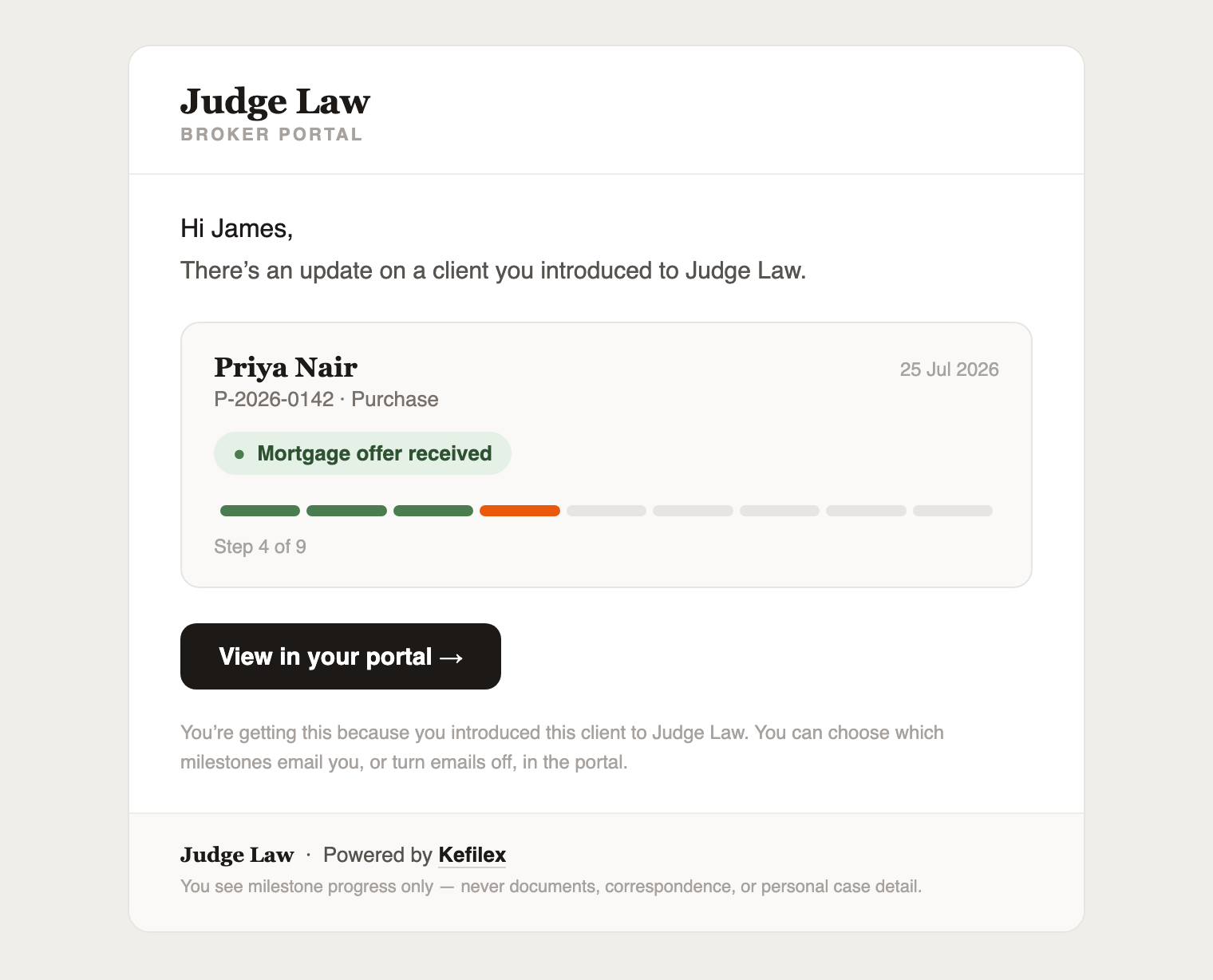 An as-it-happens milestone email for a single referred client
